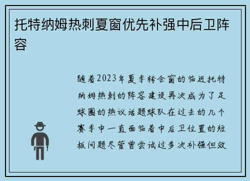 托特纳姆热刺夏窗优先补强中后卫阵容