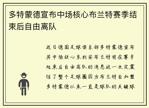 多特蒙德宣布中场核心布兰特赛季结束后自由离队